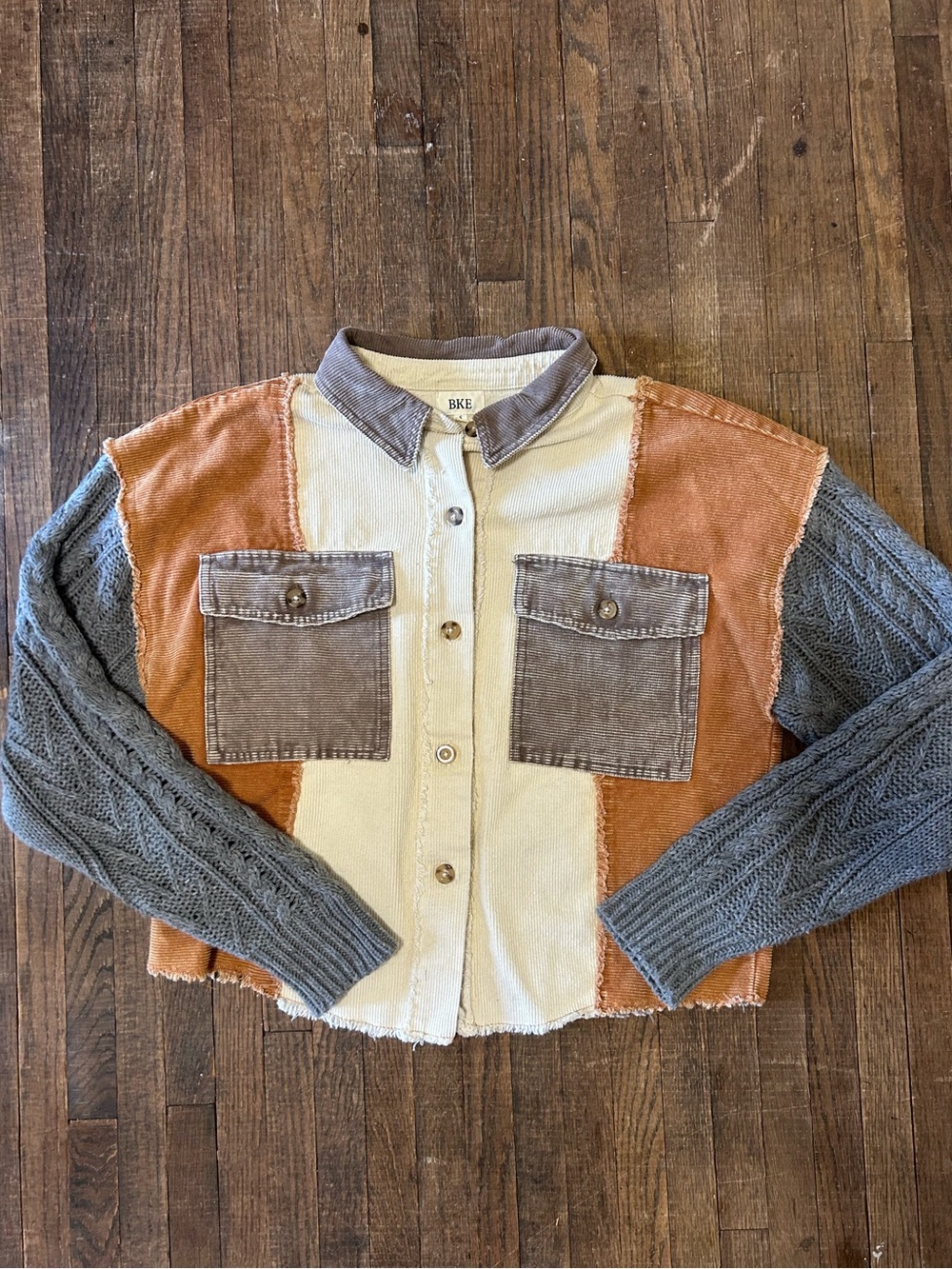 Buckle BKE Colorblock Cable-Sleeve Women's Sweater Jacket - Cream, Rust & Gray